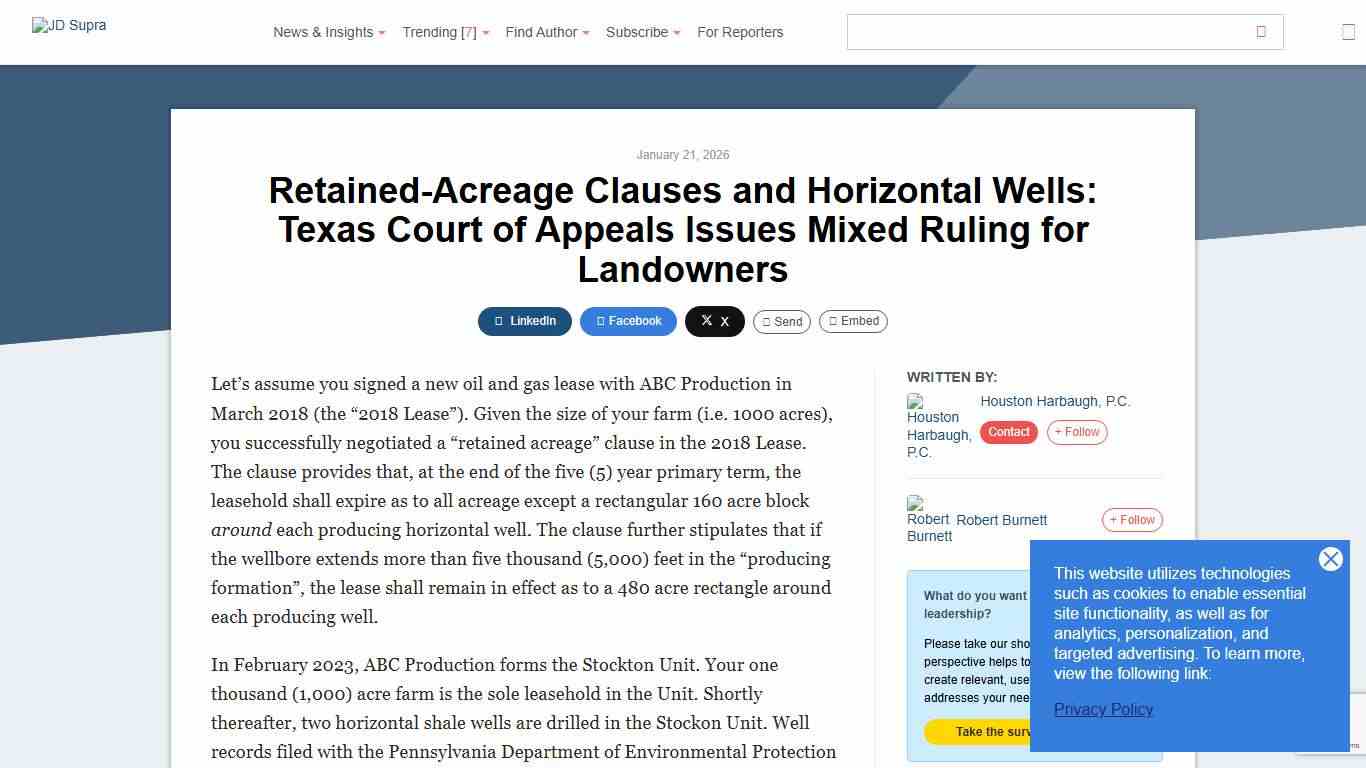 Retained-Acreage Clauses and Horizontal Wells: Texas Court of Appeals Issues Mixed Ruling for Landowners Houston Harbaugh, P.C. - JDSupra