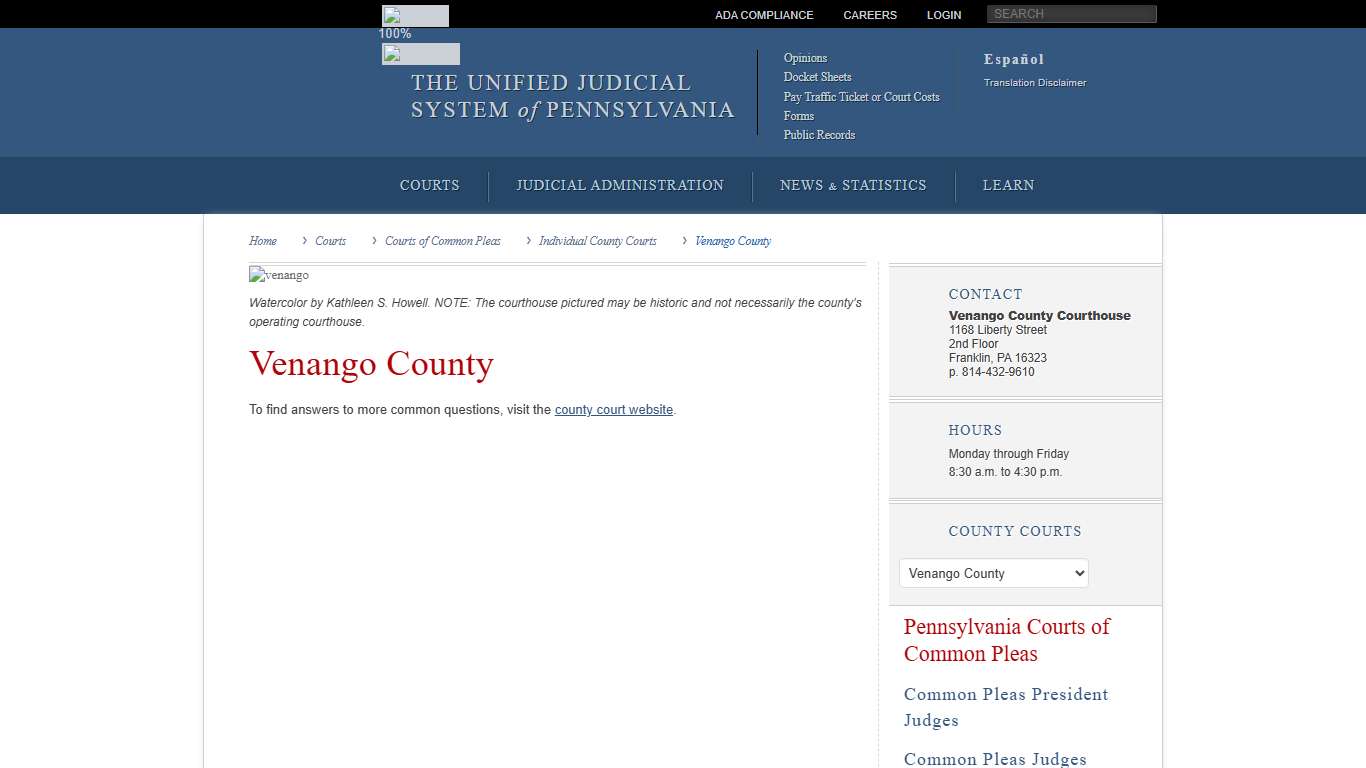 Venango County Individual County Courts Courts of Common Pleas Courts Unified Judicial System of Pennsylvania